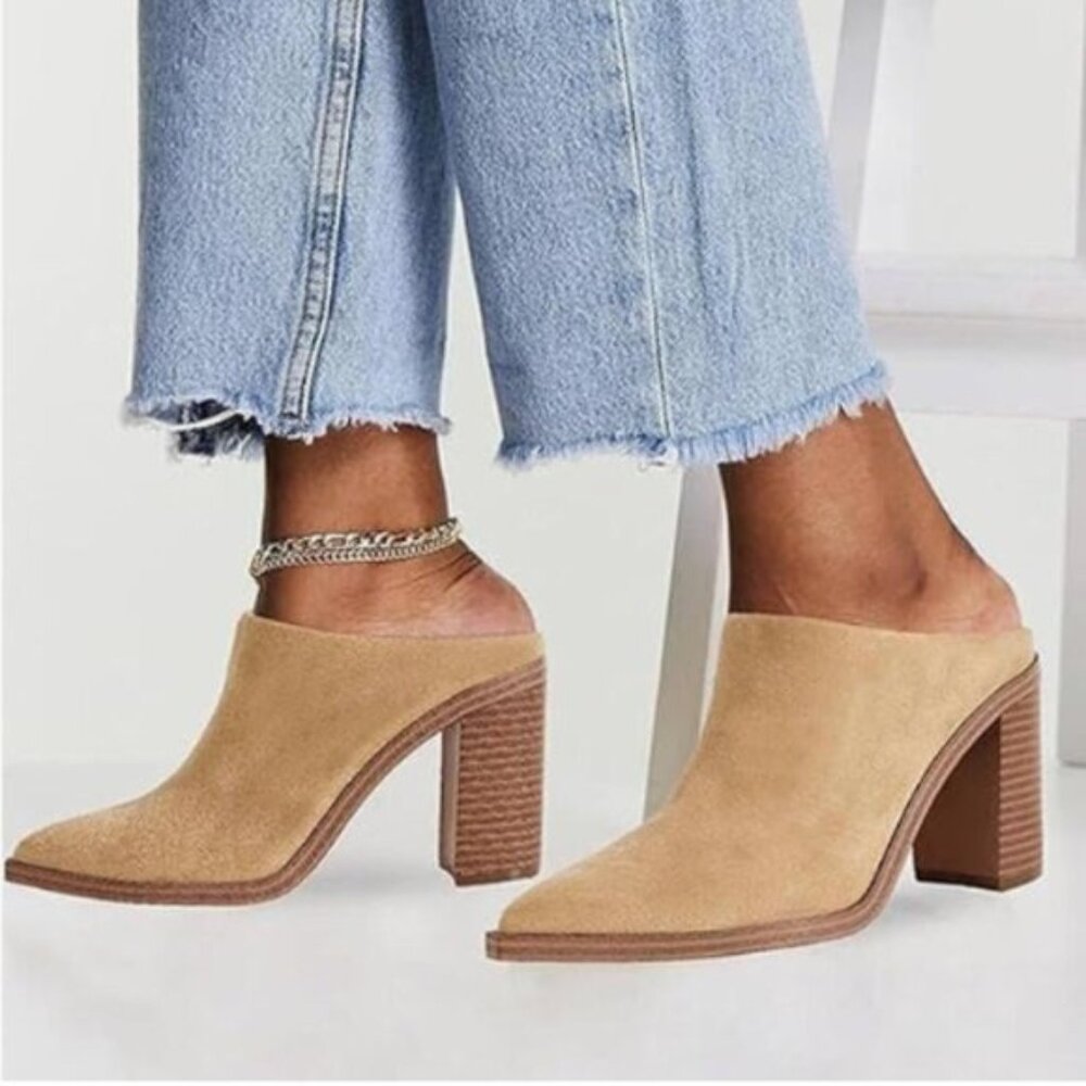 FOWT Camel Pointed Toe Slip On Mules Stacked Block High Heel Sandal Proms Shoes